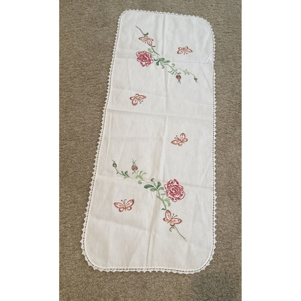 VTG embroidered dresser scarf, 38” X14” Red Roses Butterflies Granny core